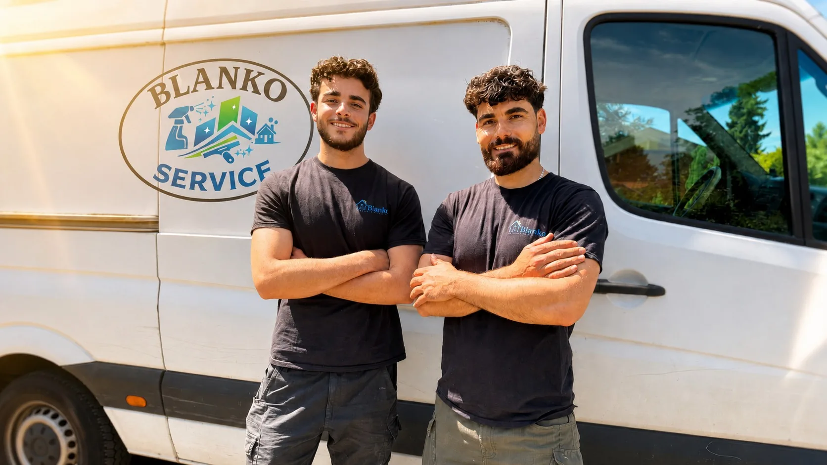 Zwei Mitarbeiter von Blanko Service vor dem beschrifteten Firmenwagen in Uelzen